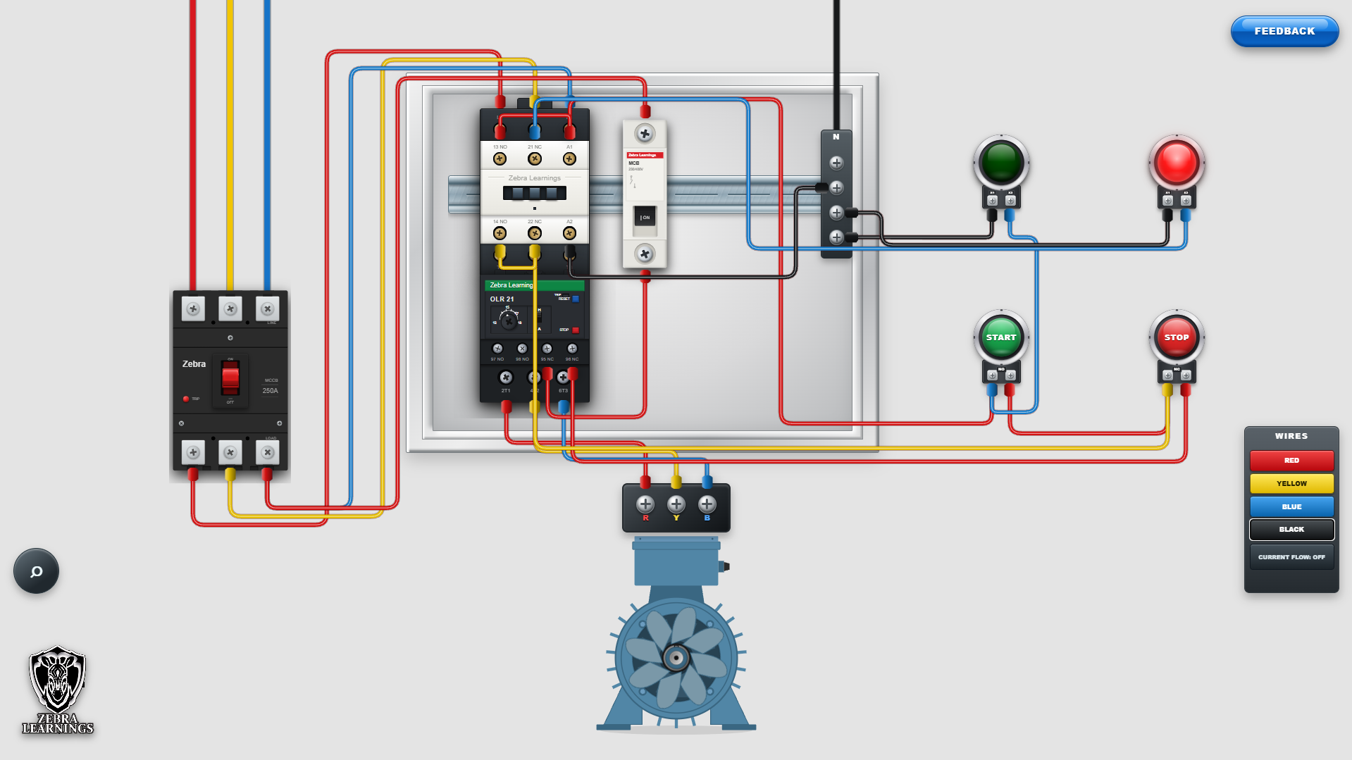 DOL Starter Wiring Simulator with MCCB, contactor, overload relay, controls, and motor